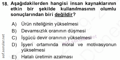 18. soru: Aşağıdakilerden hangisi insan kaynaklarının etkin bir şekilde kullanılmasının olumlu sonuçlarından biri değildir? A)…