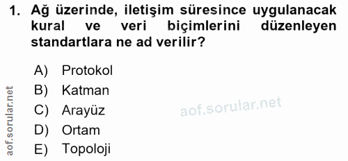 1. soru: Ağ üzerinde, iletişim süresince uygulanacak kural ve veri biçimlerini düzenleyen standartlara ne ad verilir? A) Proto…