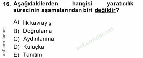 16. soru: Aşağıdakilerden hangisi yaratıcılık sürecinin aşamalarından biri değildir? A) İlk kavrayış B) Doğrulama C) Aydınlanma…