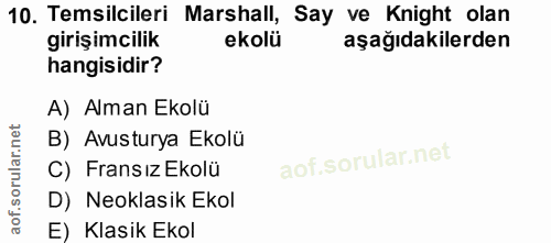 10. soru: Temsilcileri Marshall, Say ve Knight olan girişimcilik ekolü aşağıdakilerden hangisidir? A) Alman Ekolü B) Avusturya…