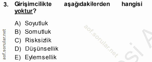 3. soru: Girişimcilikte aşağıdakilerden hangisi yoktur? A) Soyutluk B) Somutluk C) Risksizlik D) Düşünsellik E) Eylemsellik