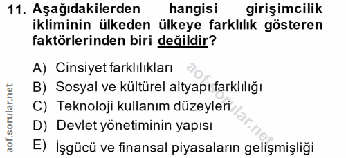 11. soru: Aşağıdakilerden hangisi girişimcilik ikliminin ülkeden ülkeye farklılık gösteren faktörlerinden biri değildir? A) Cin…