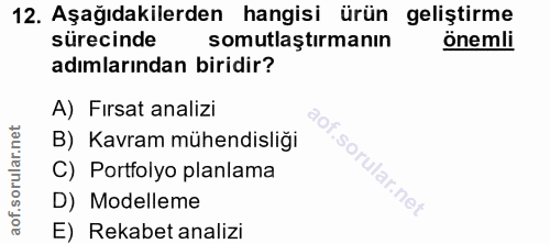 12. soru: Aşağıdakilerden hangisi ürün geliştirme sürecinde somutlaştırmanın önemli adımlarından biridir? A) Fırsat analizi B)…