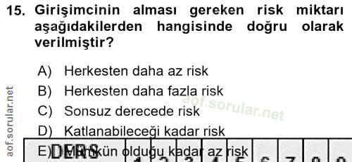 15. soru: Girişimcinin alması gereken risk miktarı aşağıdakilerden hangisinde doğru olarak verilmiştir? A) Herkesten daha az ri…