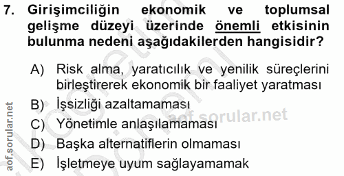 7. soru: Girişimciliğin ekonomik ve toplumsal gelişme düzeyi üzerinde önemli etkisinin bulunma nedeni aşağıdakilerden hangisid…