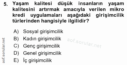5. soru: Yaşam kalitesi düşük insanların yaşam kalitesini artırmak amacıyla verilen mikro kredi uygulamaları aşağıdaki girişim…