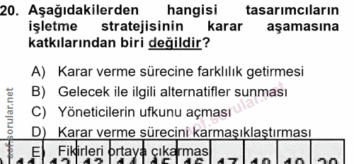 20. soru: Aşağıdakilerden hangisi tasarımcıların işletme stratejisinin karar aşamasına katkılarından biri değildir? A) Karar ve…