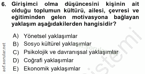 6. soru: Girişimci olma düşüncesini kişinin ait olduğu toplumun kültürü, ailesi, çevresi ve eğitiminden gelen motivasyona bağl…