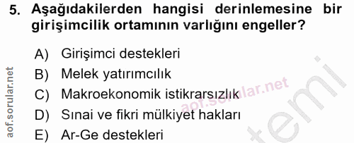 5. soru: Aşağıdakilerden hangisi derinlemesine bir girişimcilik ortamının varlığını engeller? A) Girişimci destekleri B) Melek…