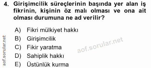 4. soru: Girişimcilik süreçlerinin başında yer alan iş fikrinin, kişinin öz malı olması ve ona ait olması durumuna ne ad veril…