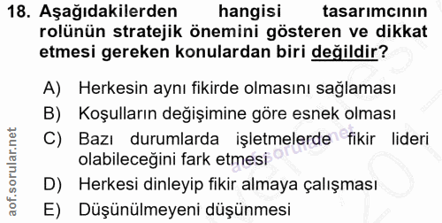 18. soru: Aşağıdakilerden hangisi tasarımcının rolünün stratejik önemini gösteren ve dikkat etmesi gereken konulardan biri deği…