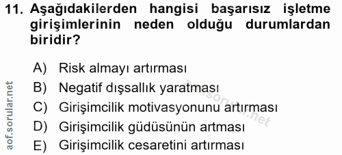 11. soru: Aşağıdakilerden hangisi başarısız işletme girişimlerinin neden olduğu durumlardan biridir? A) Risk almayı artırması B…