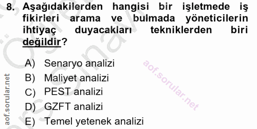 8. soru: Aşağıdakilerden hangisi bir işletmede iş fikirleri arama ve bulmada yöneticilerin ihtiyaç duyacakları tekniklerden bi…