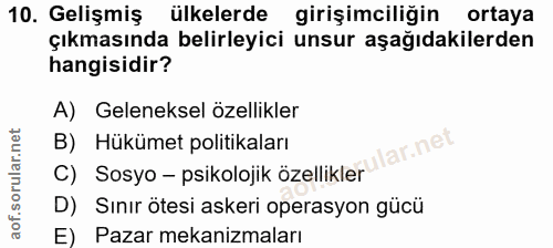 10. soru: Gelişmiş ülkelerde girişimciliğin ortaya çıkmasında belirleyici unsur aşağıdakilerden hangisidir? A) Geleneksel özell…