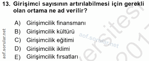 13. soru: Girişimci sayısının artırılabilmesi için gerekli olan ortama ne ad verilir? A) Girişimcilik finansmanı B) Girişimcili…