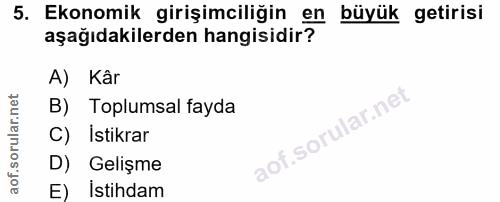 5. soru: Ekonomik girişimciliğin en büyük getirisi aşağıdakilerden hangisidir? A) Kâr B) Toplumsal fayda C) İstikrar D) Gelişm…