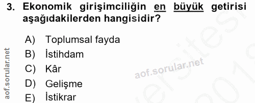 3. soru: Ekonomik girişimciliğin en büyük getirisi aşağıdakilerden hangisidir? A) Toplumsal fayda B) Istihdam C) Kâr D) Gelişm…
