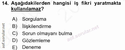 14. soru: Aşağıdakilerden hangisi iş fikri yaratmakta kullanılamaz? A) Sorgulama B) Ilişkilendirme C) Sorun olmayanı bulma D) G…