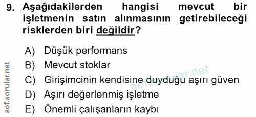 9. soru: Aşağıdakilerden hangisi mevcut bir işletmenin satın alinmasinın getirebileceği risklerden biri değildir? A) Düşük per…