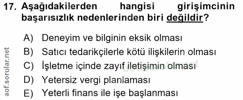 17. soru: Aşağıdakilerden hangisi girişimcinin başarısızlık nedenlerinden biri değildir? A) Deneyim ve bilginin eksik olması B)…