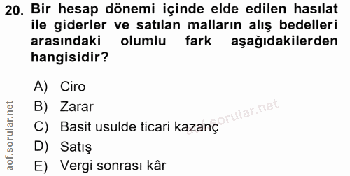 20. soru: Bir hesap dönemi içinde elde edilen hasılat ile giderler ve satılan malların alış bedelleri arasındaki olumlu fark aş…