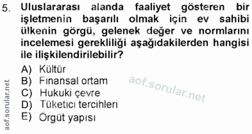 5. soru: Uluslararası alanda faaliyet gösteren bir işletmenin başarılı olmak için ev sahibi ülkenin görgü, gelenek değer ve no…