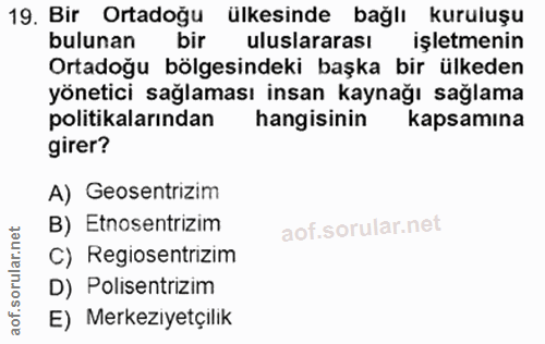 19. soru: Bir Ortadoğu ülkesinde bağlı kuruluşu bulunan bir uluslararası işletmenin Ortadoğu bölgesindeki başka bir ülkeden yön…