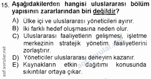 15. soru: Aşağıdakilerden hangisi uluslararası bölüm yapısının zararlarından biri değildir? A) Ulke içi ve uluslararası yönetic…