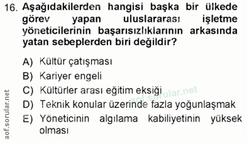 16. soru: Aşağıdakilerden hangisi başka bir ülkede görev yapan uluslararası işletme yöneticilerinin başarısızlıklarının arkasın…