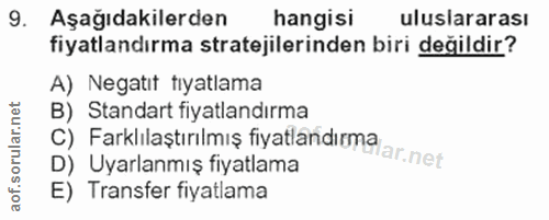9. soru: Aşağıdakilerden hangisi uluslararası fiyatlandırma stratejilerinden biri değildir? A) Negatit tiyatlama B) Standart f…
