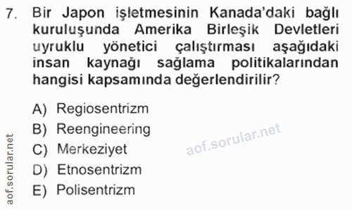 7. soru: Bir Japon işletmesinin Kanada'daki bağlı kuruluşunda Amerika Birleşik Devletleri uyruklu yönetici çalıştırması aşağıd…