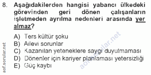 8. soru: Aşağıdakilerden hangisi yabancı ülkedeki görevinden geri dönen çalışanların işletmeden ayrılma nedenleri arasında yer…