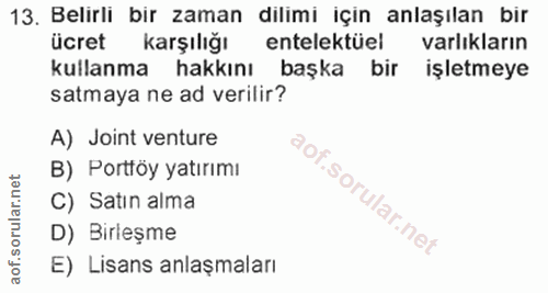 13. soru: Belirli bir zaman dilimi için anlaşılan bir ücret karşılığı entelektüel varlıkların kullanma hakkını başka bir işletm…