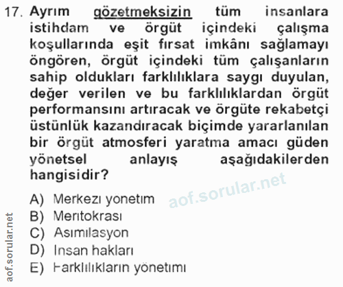 17. soru: Ayrım gözetmeksizin tüm insanlara istihdam ve örgüt içindeki çalışma koşullarında eşit fırsat imkânı sağlamayı öngöre…