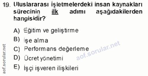 19. soru: Uluslararası işletmelerdeki insan kaynakları sürecinin adımı aşağıdakilerden hangisidir? A) Eğitim ve geliştirme B) i…