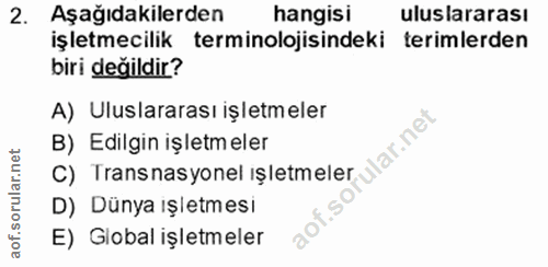 2. soru: Aşağıdakilerden hangisi uluslararası işletmecilik terminolojisindeki terimlerden biri değildir? A) Uluslararası işlet…