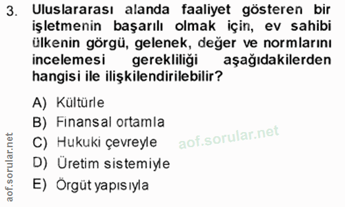 3. soru: Uluslararası alanda faaliyet gösteren bir işletmenin başarılı olmak için, ev sahibi ülkenin görgü, gelenek, değer ve…