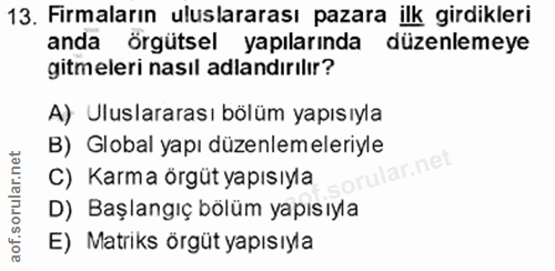 13. soru: Firmaların uluslararası pazara ilk girdikleri anda örgütsel yapılarında düzenlemeye gitmeleri nasıl adlandırılır? A)…
