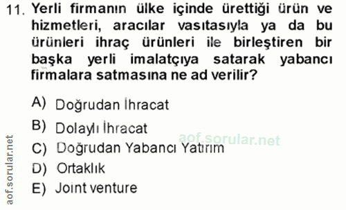 11. soru: Yerli firmanın ülke içinde ürettiği ürün ve hizmetleri, aracılar vasıtasıyla ya da bu ürünleri ihraç ürünleri ile bir…