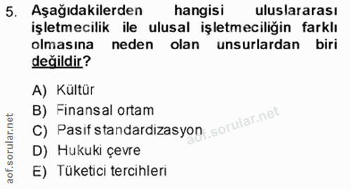 5. soru: Aşağıdakilerden hangisi uluslararası işletmecilik ile ulusal işletmeciliğin farklı olmasına neden olan unsurlardan bi…
