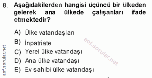 8. soru: Aşağıdakilerden hangisi üçüncü bir ülkeden gelerek ana ülkede çalışanları ifade etmektedir? A) Ülke vatandaşları B) I…