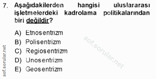 7. soru: Aşağıdakilerden hangisi uluslararası işletmelerdeki kadrolama politikalarından biri değildir? A) Etnosentrizm B) Poli…