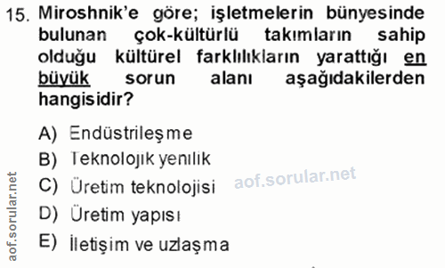 15. soru: Miroshnik'e göre; işletmelerin bünyesinde bulunan çok-kültürlü takımların sahip olduğu kültürel farklılıkların yaratt…