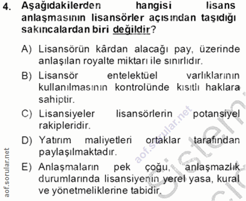 4. soru: Aşağıdakilerden hangisi lisans anlaşmasının lisansörler açısından taşıdığı sakıncalardan biri değıldir? A) Lisansörün…