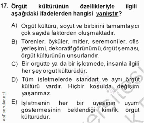 17. soru: Örgüt kültürünün özellikleriyle ilgili aşağıdaki ifadelerden hangisi yanlıstır? A) Örgüt kültürü, soyut ve birbirini…