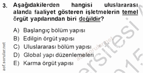 3. soru: Aşağıdakilerden hangisi uluslararası alanda faaliyet gösteren işletmelerin temel örgüt yapılarından biri değildir? A)…
