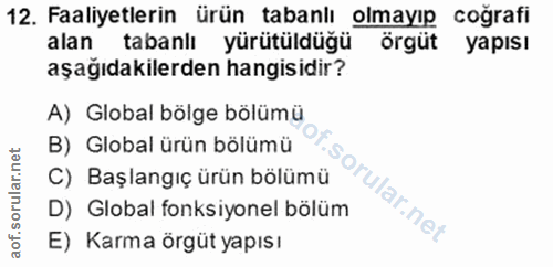12. soru: Faaliyetlerin ürün tabanlı olmayıp coğrafi alan tabanlı yürütüldüğü örgüt yapısı aşağıdakilerden hangisidir? A) Globa…