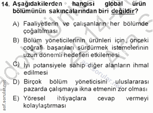 14. soru: Aşağıdakilerden› hangisi global ürün bölümünün sakıncalarından biri değildir? A) Faaliyetlerin ve çalışanların her bö…