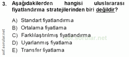 3. soru: Aşağıdakilerden hangisi uluslararası fiyatlandırma stratejilerinden biri değildir? A) Standart fiyatlandırma B) Ortal…