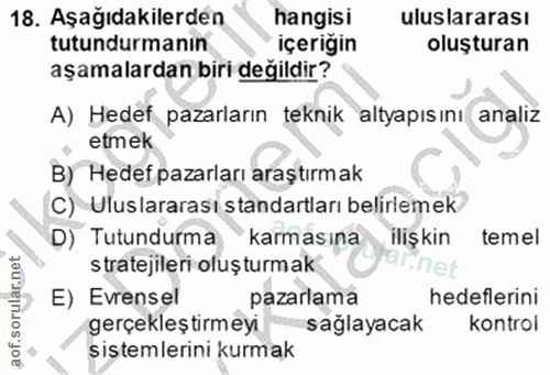 18. soru: Aşağıdakilerden hangisi uluslararası tutundurmanın içeriğin oluşturan aşamalardan biri değildir? A) Hedef pazarların…